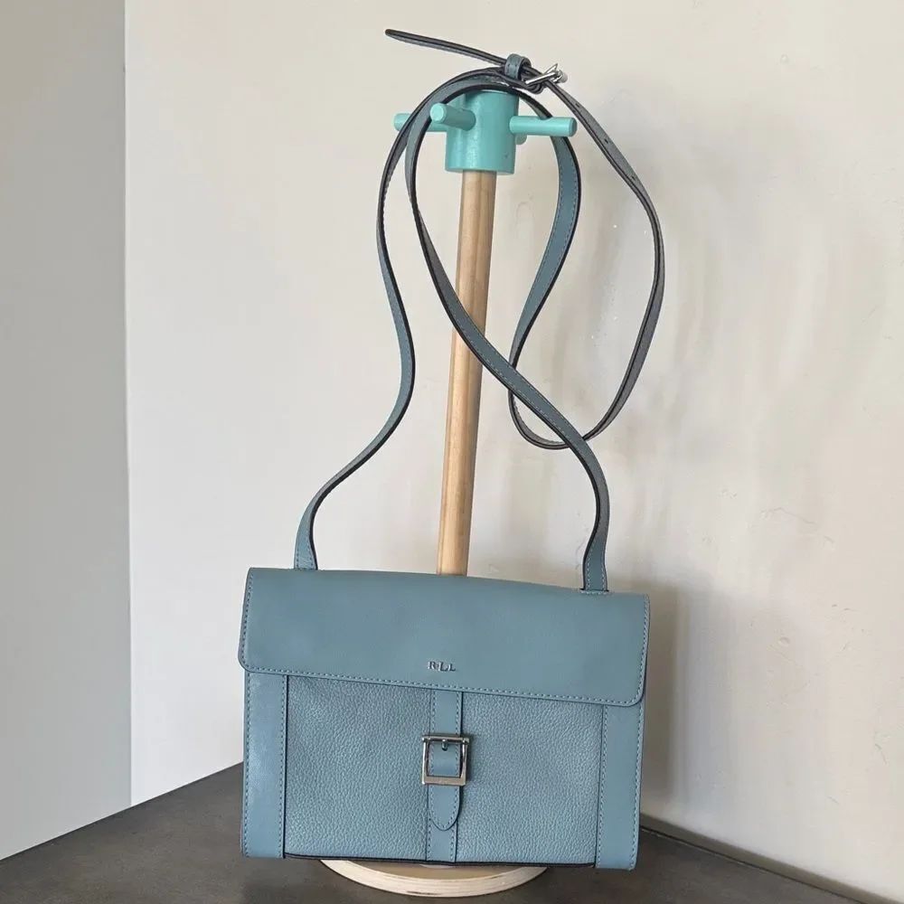 Lauren Ralph Lauren Mullinder Slate Blue Pebble Leather Crossbody Magnetic Flap